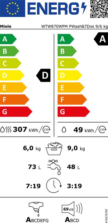 Etichetta energetica Miele WTW870 WPM PWash & TDos 9/6 kg