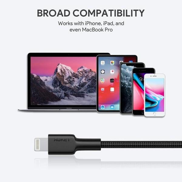 Actual product image Aukey CB-CL02 Black Nylon Lightning USB C Cable | USB power supply USB-PD | 1.2 m | Apple MFi certificate (1.20 m, USB 3.2 Gen 1)