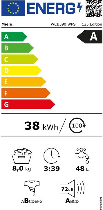 Energie-Label Miele Waschmaschine WCB390 WPS 125 Edition Lotosweiss (8 kg, Rechts)