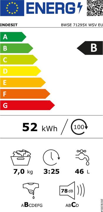 Energie-Label Indesit BWSE 71295X WSV EU Washing machine, Front Loading, Energy Class B, Capacity 7 kg, White (7 kg, Links, EU-Stecker)