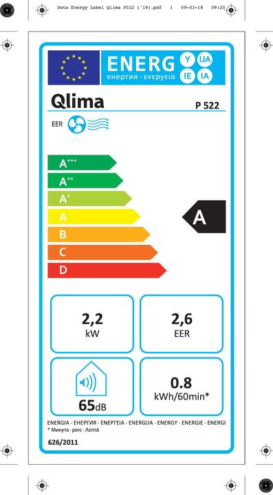 Etichetta energetica Qlima P 522 - Mobiele airco (7506.71 BTU/h)