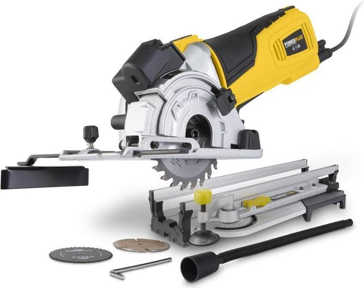 Produktbild Powerplus POWX1365MB Kreissäge - 600W - 89mm - Inkl. Laser, Absaugung, 3 Kreissägeblätter und Gehrungslade