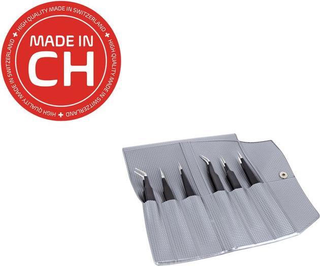 Image du produit RND Jeu de 6 brucelles ESD, revêtement époxy, acier inoxydable, Courbe / Rainurée / Tranchante / 45