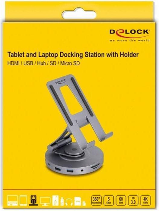 Produktbild Delock Tablet und Notebook Dockingstation 4K mit integrierter Halterung - HDMI / USB / Hub / SD / Mi (USB-C, 2 Ports)