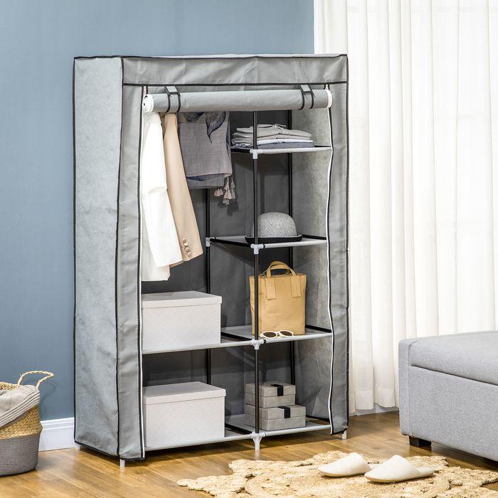 Actual product image Swisshandel24 Wardrobe Fabric wardrobe with clothes rail, 6 compartments, Foldable wardrobe in fleece look (103 x 43 x 162.5 cm)