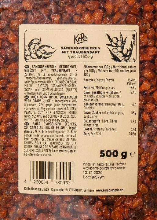 Valori nutrizionali e ingredienti KoRo Bacche secche di olivello spinoso, addolcite con succo d'uva (500 g)