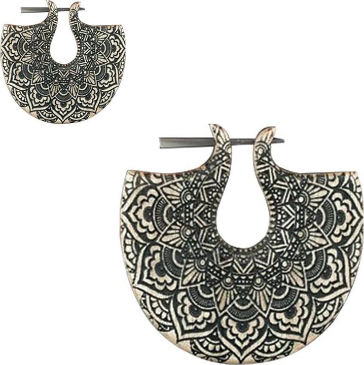 Produktbild Star Piercing Ohrring Teller Mandala Blume Graviert aus Krokodilholz (ohne Messing, Organisch)