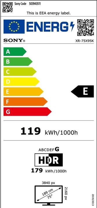 Energy Label Sony XR-75X95K (75", X95K, LCD, 4K, 2022)