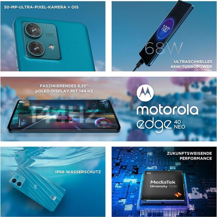 Actual product image Motorola Edge 40 Neo (256 GB, Caneel Bay, 6.55", SIM + eSIM, 50 Mpx, 5G)