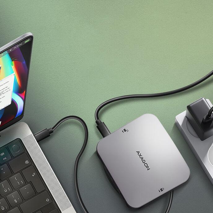 Actual product image Axagon HMC-UFO USB-C hub, M.2 SATA/NVMe, 1 Gbit/s Ethernet, 384 kHz audio - black/silver (USB-C, 3 Ports)