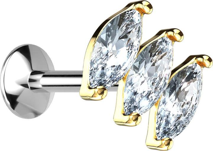 Actual product image Star Piercing Micro UFO Labret internal thread gold plated with three oval crystals (Brass, Surgical steel 316L)