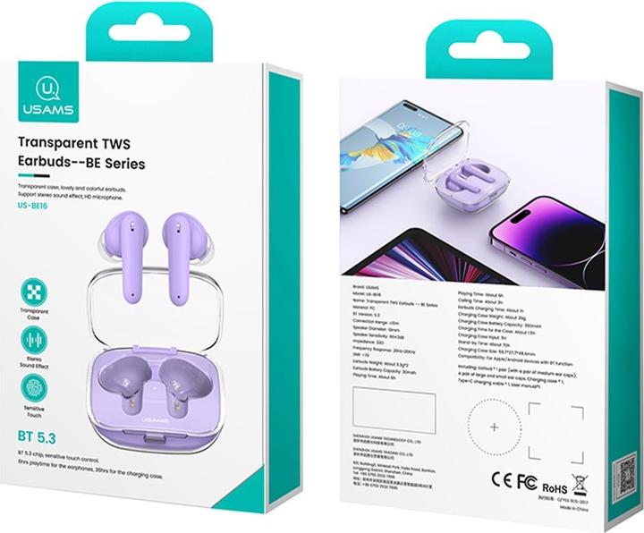 Actual product image Usams US-BE16 Transparent TWS Earbuds -- BE Series BT5.3 (Wireless)