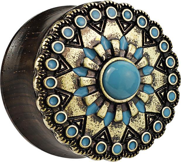 Produktbild Star Piercing Flared Plug aus Ebenholz mit Tribal Sonne und türkis Stein (Organisch, Mineralisch, Messing)