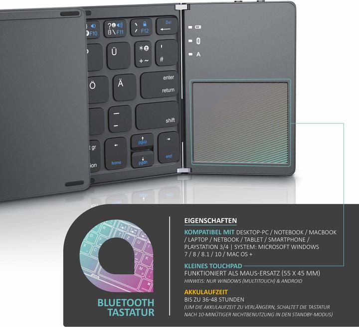 Aplic Wireless Keyboard, Foldable Mini Bluetooth Keyboard with Touchpad in Super Slim Design (DE, Wireless)