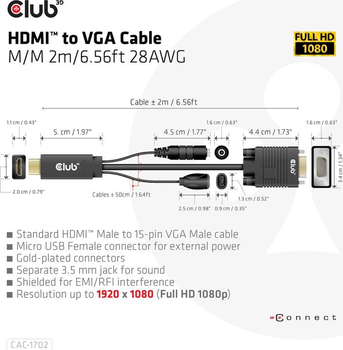 Actual product image Club 3D Club3D Cable HDMI+Micro USB Jack > VGA+ St/Bu (2 m, HDMI)