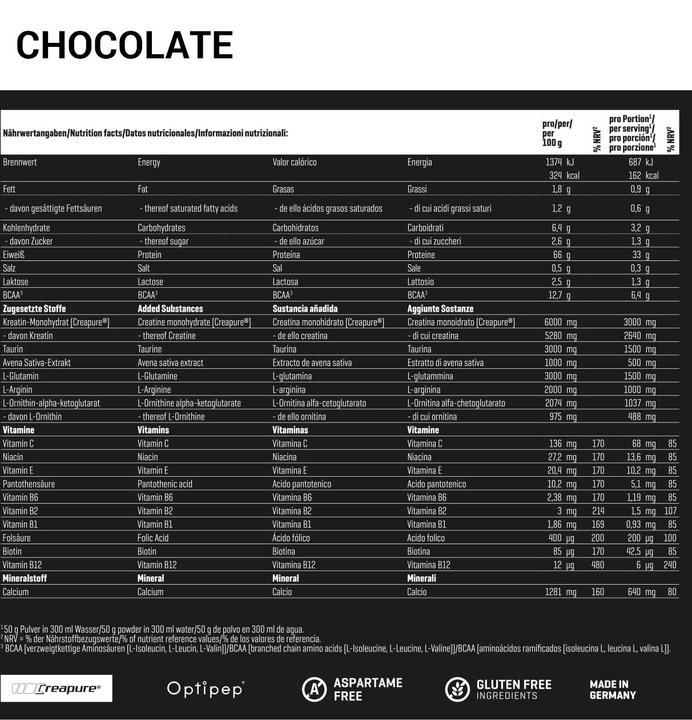Nährwerte und Zutaten Body Attack Creatine Protein (2000g Dose) (1 Stück, 2000 g)