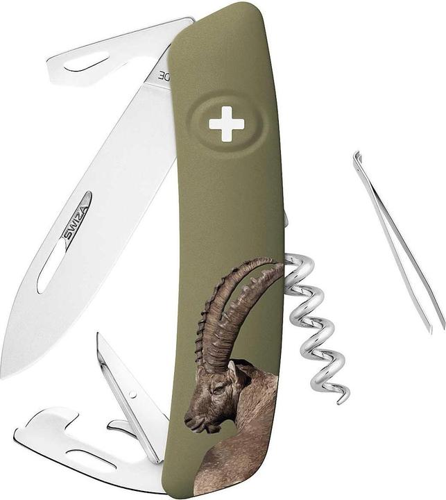 Swiza Swiss knife, 440 steel, safety lock, 12 functions, olive-coloured anti-slip s