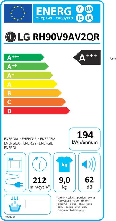 Energy Label LG RH90V9AV2QR tumble dryer Freestanding Front-load A+++ White (9 kg, Right)