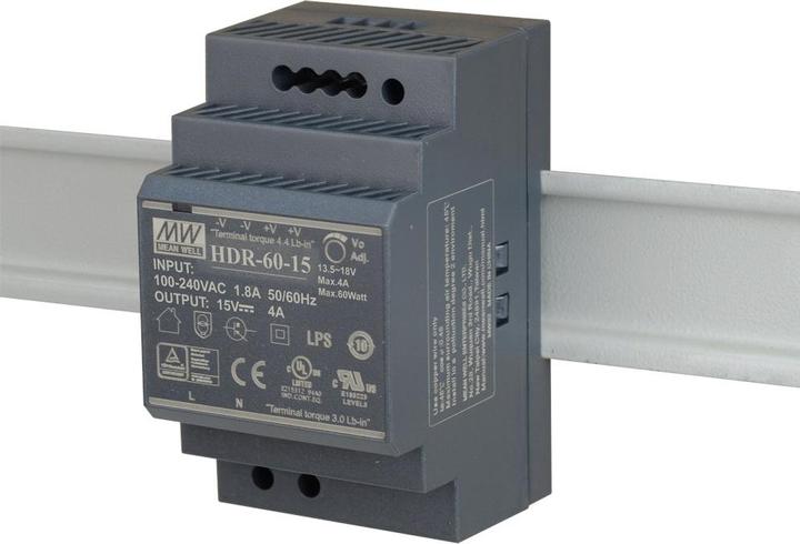 Immagine prodotto MeanWell MEAN WELL HDR-60-15 ALIMENTATORE SWITCHING PER GUIDA DIN 15V/60W/4A (60 W)