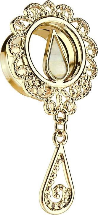 Produktbild Star Piercing Flared Tunnel 14k vergoldet Perlmutt Tropfen mit Anhänger (Messing, Chirurgenstahl 316L)