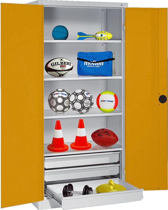 C+P Sportgeräteschrank mit Schubladen (HxBxT: 195x120x50 cm, mit Vollblech-Flügeltüren, Typ 4)