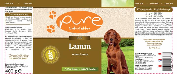 Produktbild Pure Naturfutter Hundemenü PUR-Fleischdose Lamm (Adult, 1 Stk., 400 g)