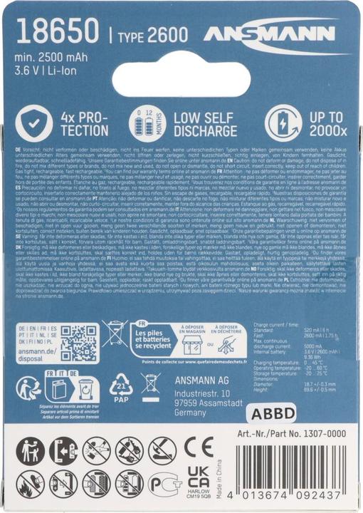 Actual product image Ansmann 18650 battery, protected battery by safety circuitry (1 pcs., 18650, 2600 mAh)