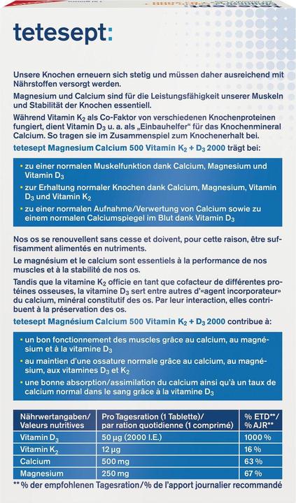 Valori nutrizionali e ingredienti Tetesept Magnesium+Calcium+D3+K2 (40 Pezzo/i, Pillole, 94 g)