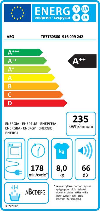 Etichetta energetica AEG TR7T60580 Asciugatrice a pompa di calore 8 kg, A++ 916099242 (8 kg, A destra)