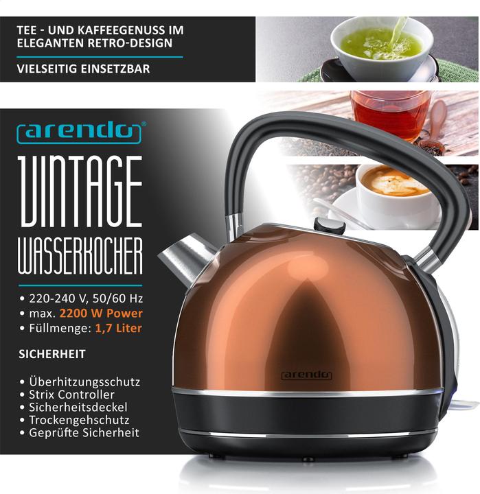 Produktbild Arendo Wasserkocher 1,7 l, 2200 W, Edelstahl, Retro Style Vintage, Überhitzung & Trockenkochschutz, kupfer (1.70 l)