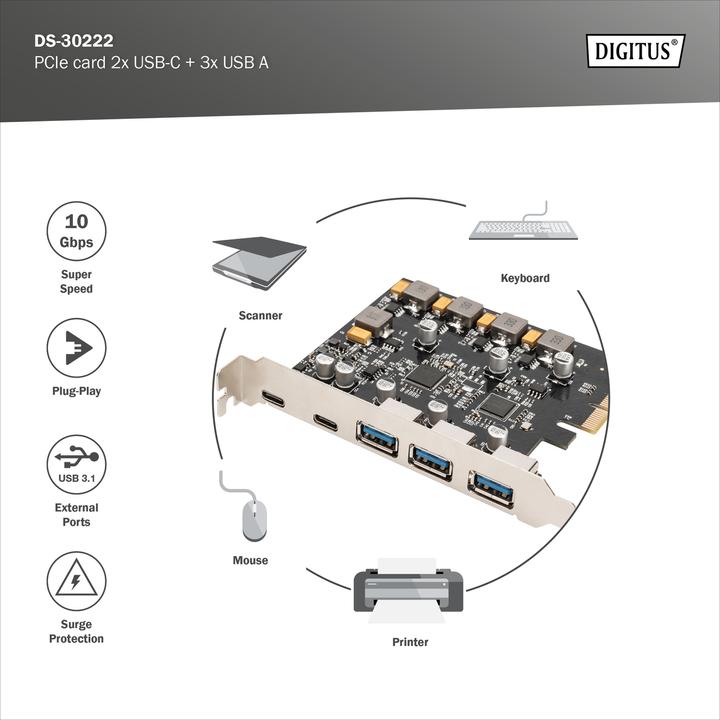 Image du produit Digitus Carte PCIe, 2x USB-C + 3x USB A