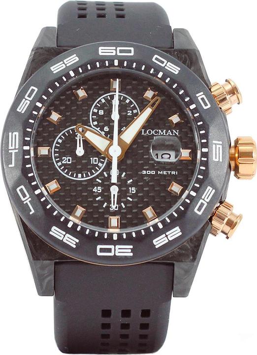 Produktbild Locman Italy Herrenuhr Stealth Carbon Chronograph schwarz/rosé Ref. 0218 (Chronograph, 46 mm)