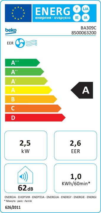 Etichetta energetica Beko BA309C Condizionatore portatile 62 dB (37 m², 9000 BTU/h)