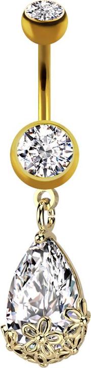 Hollywood Body Jewelry Banane vergoldet mit zwei Kugeln Kristall silber Anhänger Ovaler Kristall Blumen gefasst (Messing, Chirurgenstahl 316L)