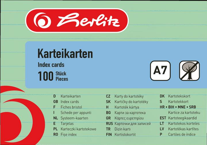 Energy Label Herlitz Index cards, DIN A7, lined, green made of paper, 170 gsm, wood free, line color: blue, double (A7, 170 g/m², 100 x)