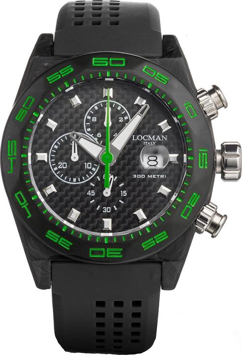 Produktbild Locman Italy Herrenuhr Stealth Carbon Chronograph schwarz/grün Ref. 0218 (Chronograph, 46 mm)