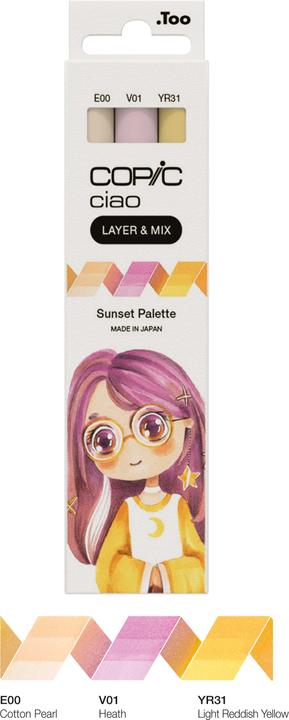 Produktbild Copic CIAO - Marker (YR-31 Light Reddish Yellow, V-01 Heath, E-00 Cotton Pearl, 6 mm, 3 x)
