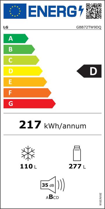 Etichetta energetica LG GBB72BM9DQ Frigorifero combinato, Classe D, 387L, Wi-Fi, Wine Rack, Vetro bianco satin (384 l)
