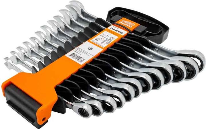 Produktbild Bahco Satz metrische Knarren-Ring-Maulschlüssel - 12-teilig/Kunststoffhalter (12 mm, 8 mm, 13 mm, 10 mm, 19 mm, 17 mm, 18 mm, 11 mm, 16 mm, 15 mm, 14 mm, 9 mm)