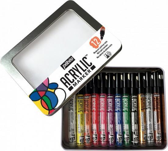 Produktbild Pebeo Metal Box Acrylic Marker - 12 Marker 1,2 Mm (Orange, Rosa, Violett, Weiss, Gelb, Cyan, Grün, Schwarz, Rot, 1.20 mm, 12 x)