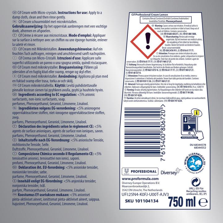Nutritional values and ingredients Cif PRO FORMULA All Purpose Cleaner Professional Crème Lemon