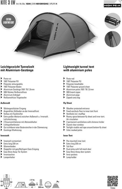 Produktbild High Peak Kite 3 LW (Tunnelzelt, 3.40 kg, 3 Personen)