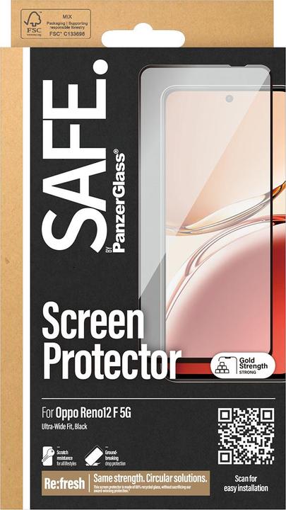 Produktbild PanzerGlass SAFE. by ® Displayschutz m. Schwarz Rahmen Oppo Reno12 F 5G | Ultra-Wide Fit (1 Stück, Oppo Reno12)