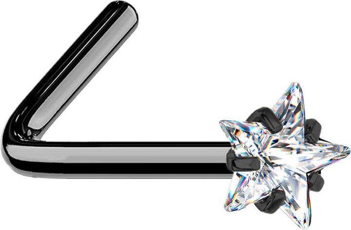 Star Piercing Nasenstecker gewinkelt schwarz Kristallstern silber gefasst (Chirurgenstahl 316L, ohne Messing)