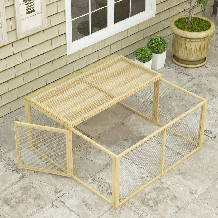 Produktbild Swisshandel24 Kaninchenstall Holz Freilaufgehege aufklappbar Dach Meerschweinchen Natur 120x120x57cm