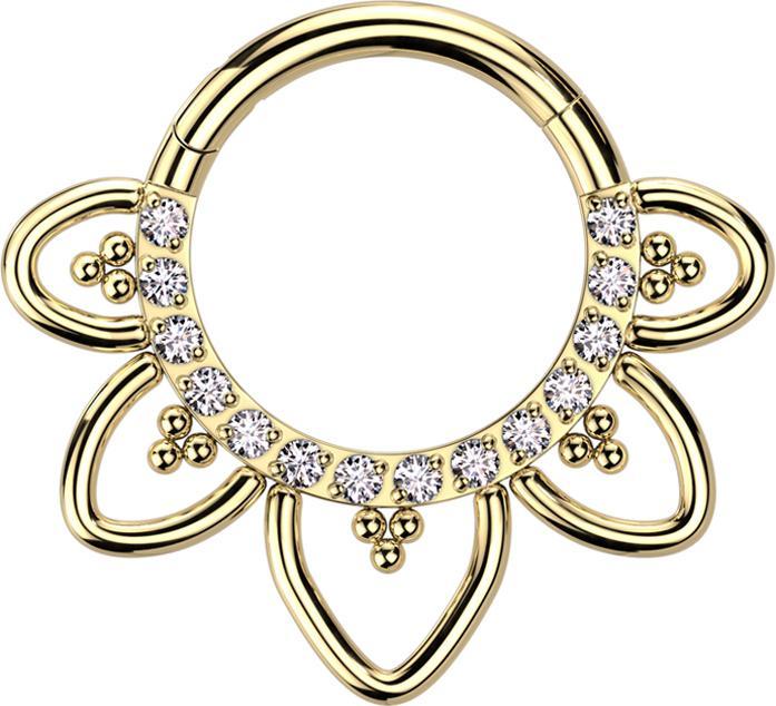 Star Piercing Micro Segmentring klappbar vergoldet front Kristalle silber filigrane Herzen (ohne Messing, Titan G23)