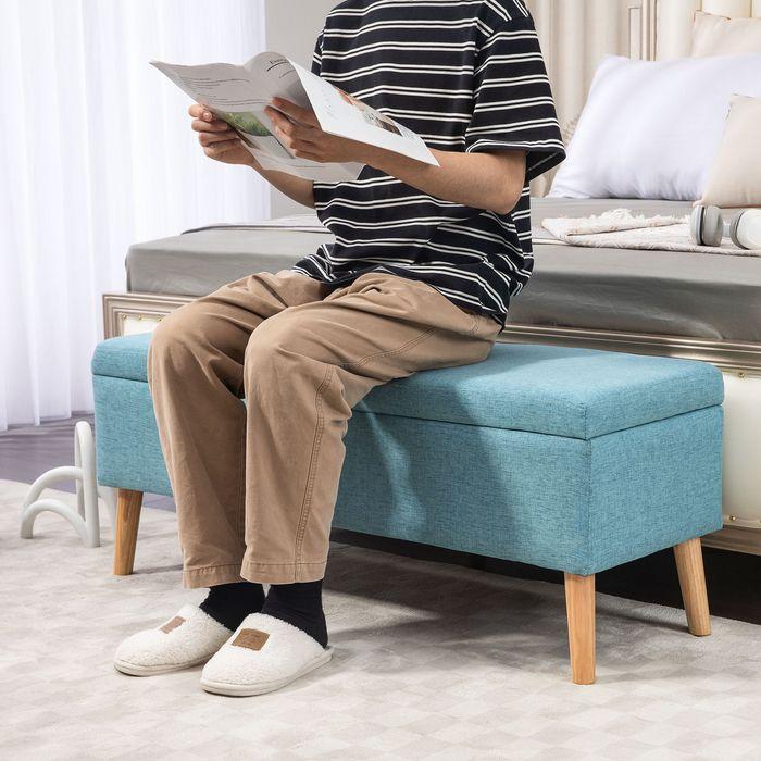 Actual product image Swisshandel24 Bench, storage space, linen look, rubberwood blue 110x39x45cm (110 cm)
