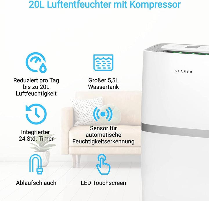 Image du produit KLAMER Luftentfeuchter 25L, 195m³ Luftumwälzung pro Stunde, 420W Entfeuchter, 5.5L Tank (35 m², 25 l/24h)