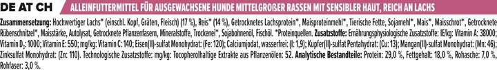 Nährwerte und Zutaten Pro Plan Sensitive Skin Lachs (Adult, 1 Stk., 14000 g)
