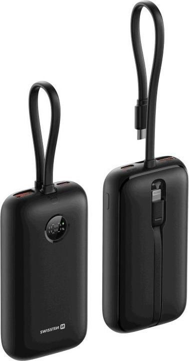 Produktbild Swissten Power Bank Voltbox 35w 10000 Mah with Built-In Cables USB-C and Lightning Black (10000 mAh, 35 W, 35 Wh)